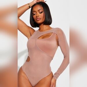 Fashion Nova Sahara Mesh One-Sleeve Bodysuit -Taupe